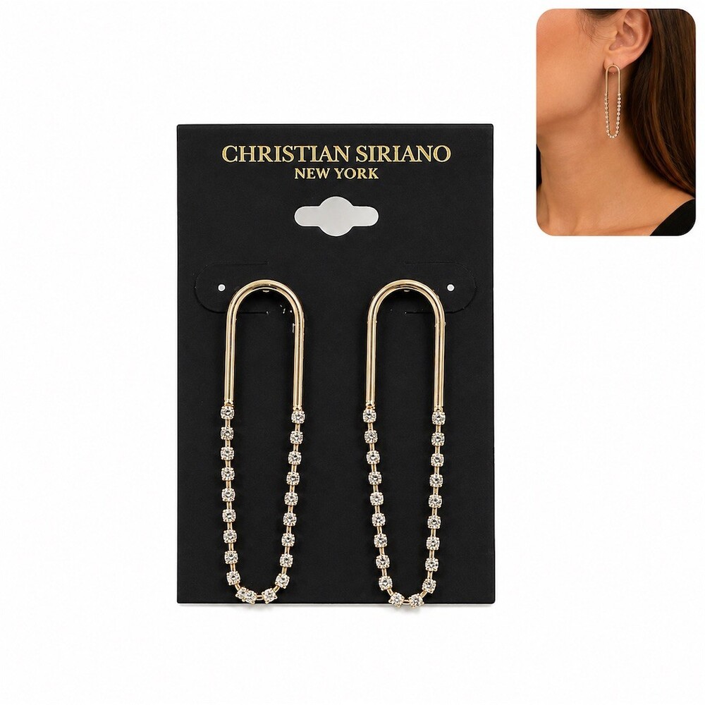 Christian Siriano U-Shape Dangle Drop Earrings Gold Clear Rhinestones Glam cute